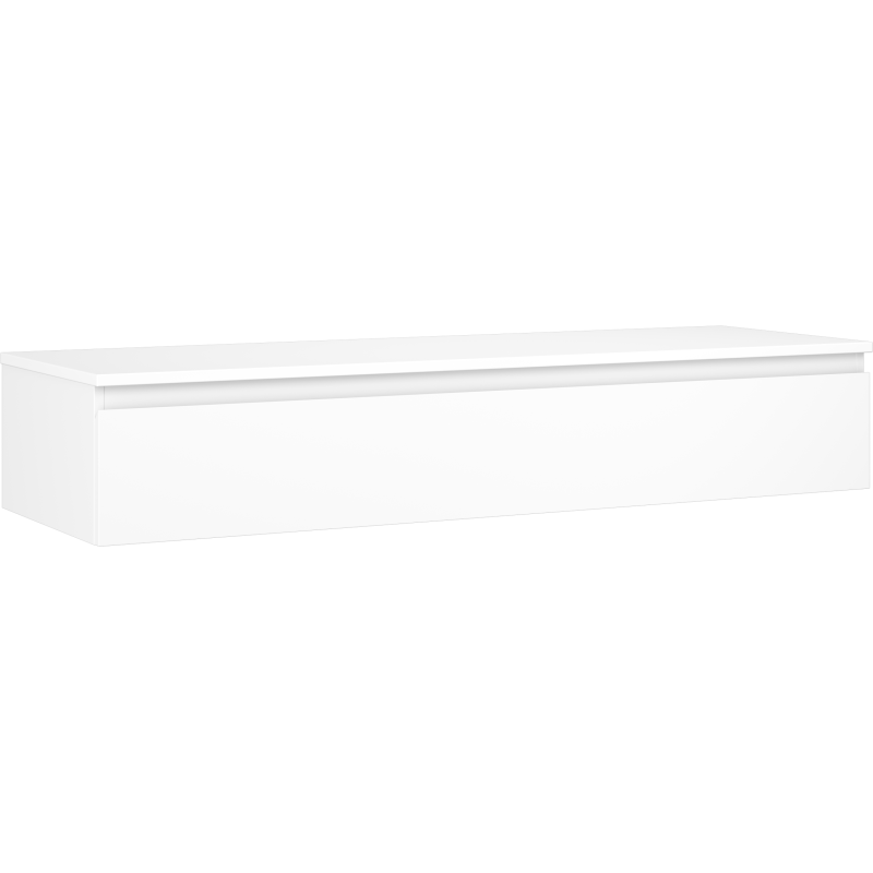 Servantskap 140 cm hvit matt med én skuff uten synlige håndtak sett fra front og venstre side.