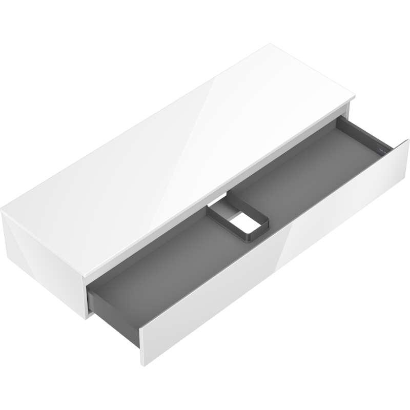 Servantskap uten vask i hvit høyglans, åpen skuff med utskjæring for rørføring, sett fra skrå toppvinkel.