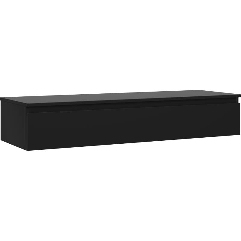 Servantskap 140 cm svart matt vegghengt med én skuff, sett fra skrå vinkel mot front og venstre side.