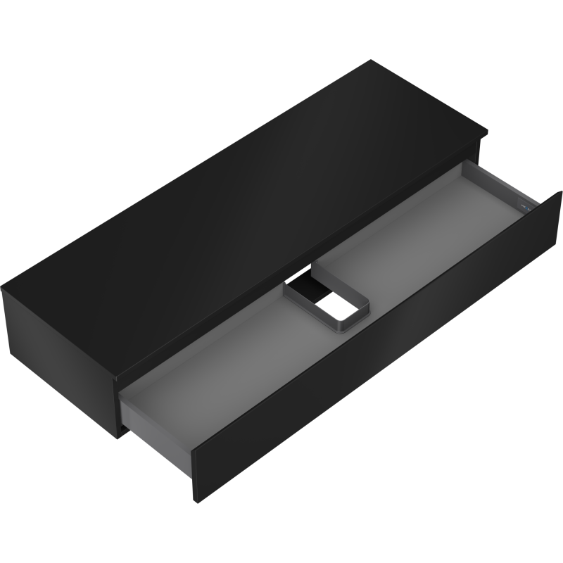 Servantskap uten vask svart matt 140 cm med åpen skuff og synlig grå innmat og avdeler.