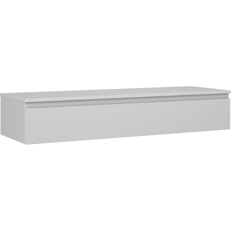 Servantskap 140 cm grå matt, vegghengt med én skuff, sett fra skrå vinkel med integrert håndtak.