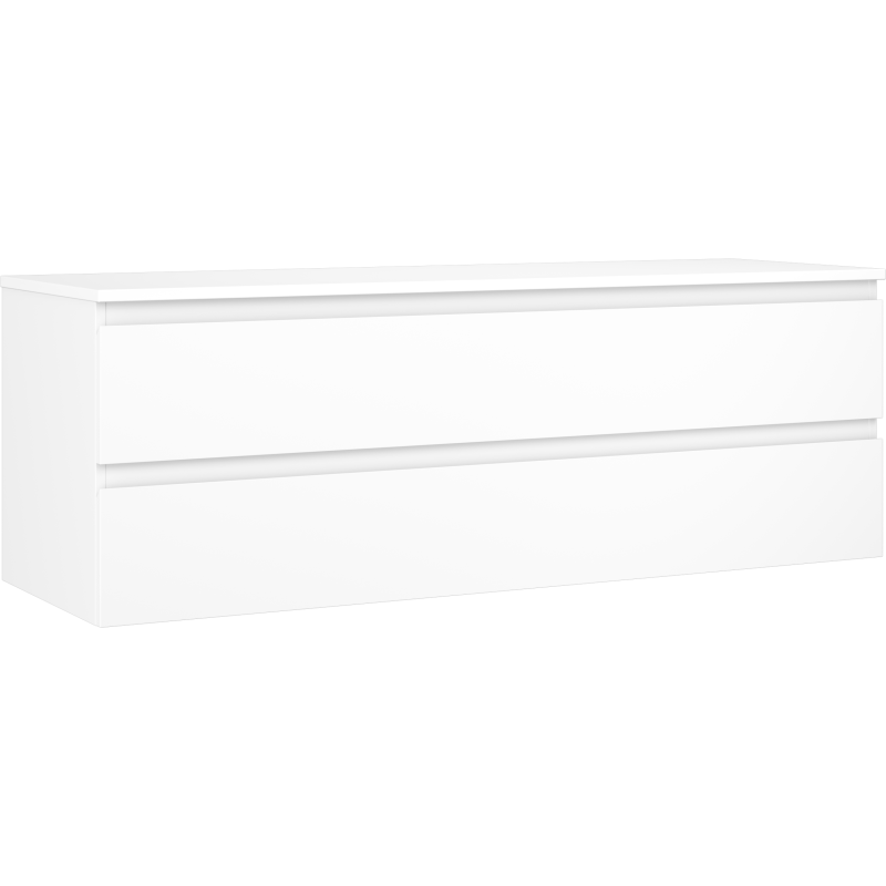 Servantskap 140 cm hvit matt med to skuffer, sett fra skrå vinkel med minimalistisk design.