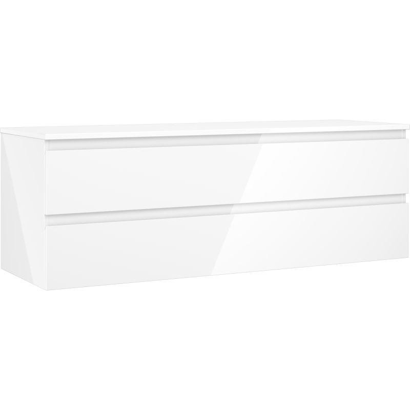 Servantskap 140 cm i hvit høyglans med to brede skuffer, sett fra skrå vinkel mot venstre.