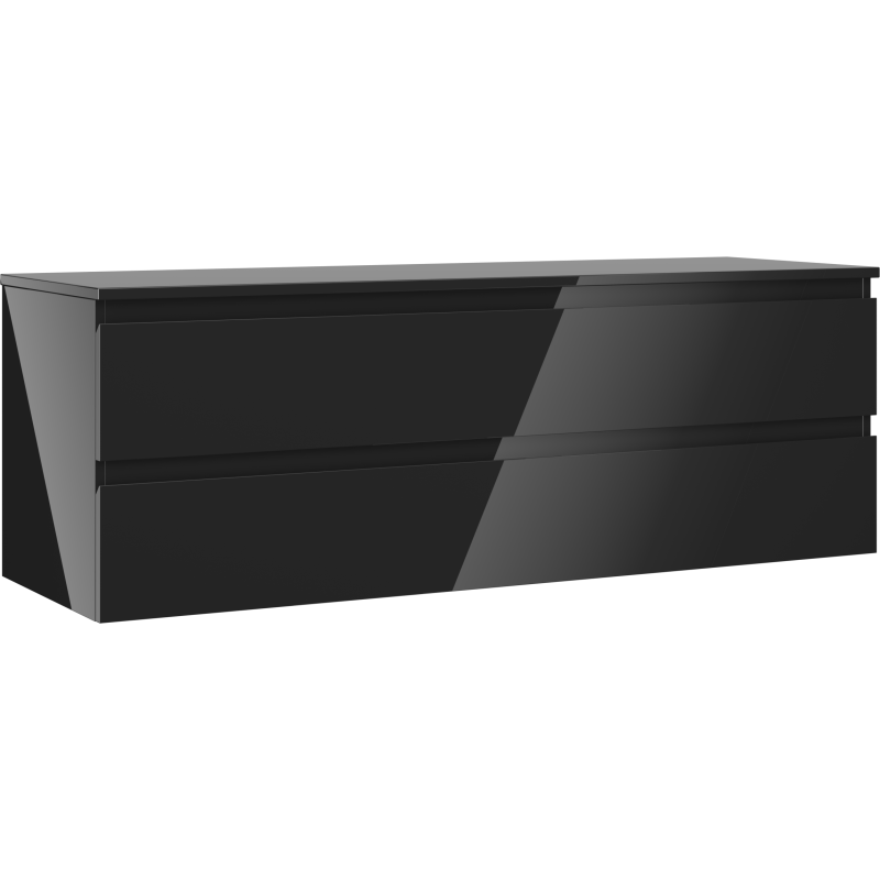 Servantskap 140 cm Mexen Orio i svart høyglans med to skuffer, sett fra skrå front og venstre side.