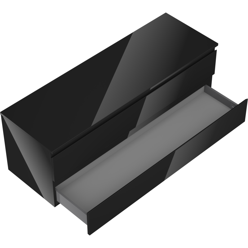 Servantskap til bad svart høyglans Mexen Orio med to skuffer, skrå ovenfra med åpen skuff.