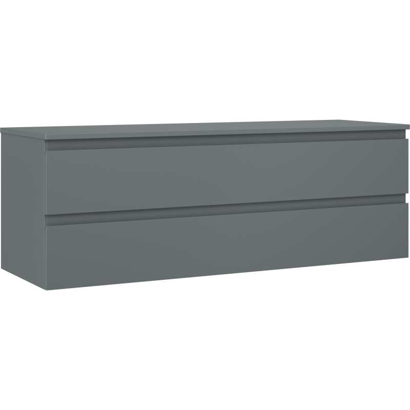 Servantskap 140 cm i grafitt matt med to skuffer og integrerte håndtak, sett fra skrå vinkel.