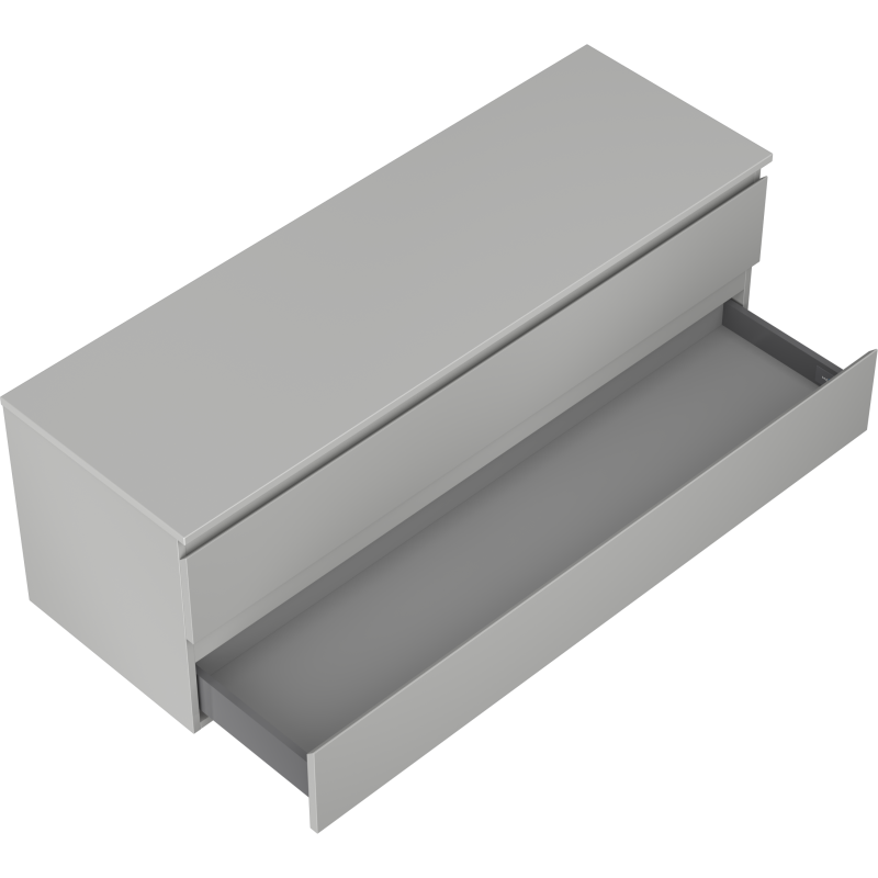 Servantskap til bad 140 cm i grå matt finish med åpen nederste skuff, sett skrått ovenfra.