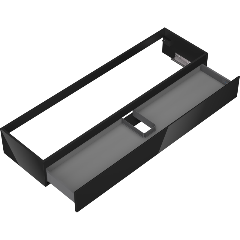 Servantskap uten vask svart høyglans Orio 160 cm med åpen skuff og innvendig skille, sett skrått ovenfra.