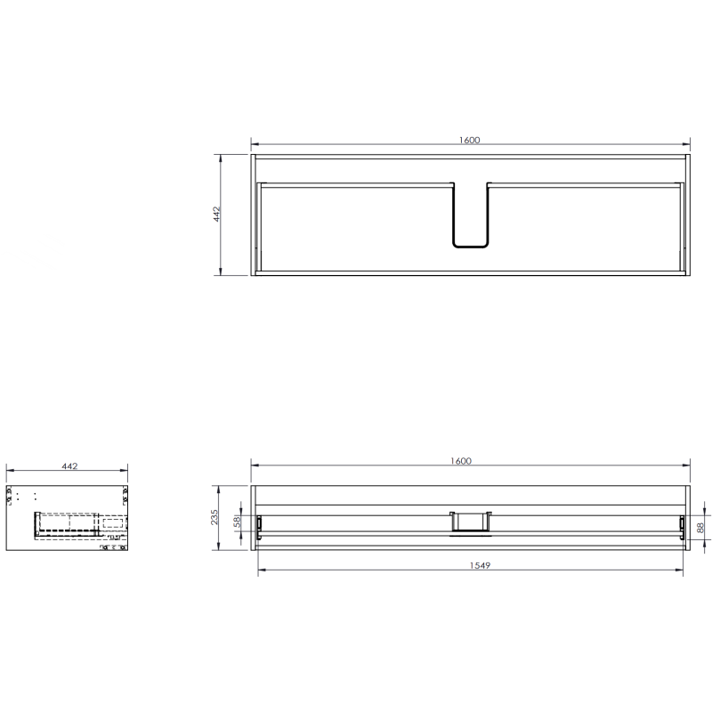 Servantskap til bad teknisk tegning av Mexen Orio 160 cm med mål og konstruksjonsdetaljer.