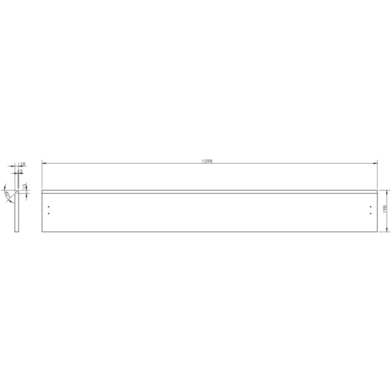 Servantskap teknisk strektegning av Mexen Orio 160 cm med mål og skruehull vist forfra og fra siden.