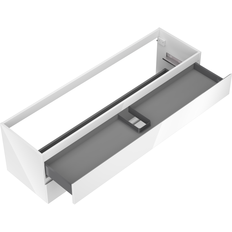Servantskap uten vask skuff i hvit og grått med sorteringsinnsats, sett fra skrått fugleperspektiv.