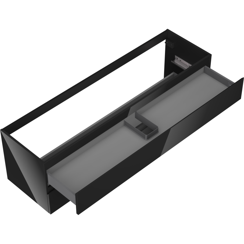 Servantskap uten vask svart skuff med matt finish, inndelt midtseksjon og rette kanter, vist skrått ovenfra.