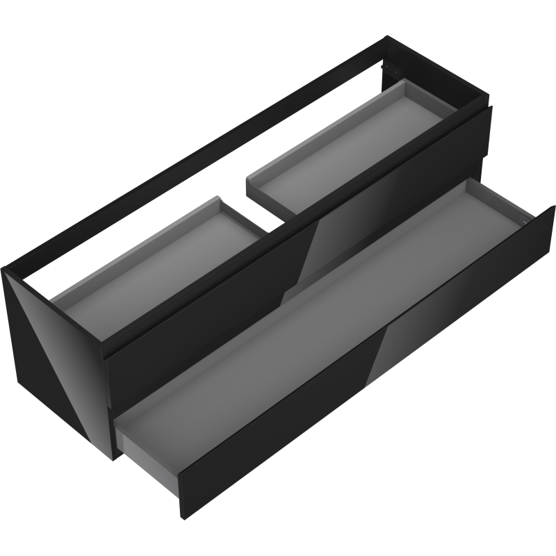 Servantskap til bad 160 cm Mexen Orio i svart høyglans med to åpne skuffer sett skrått ovenfra.