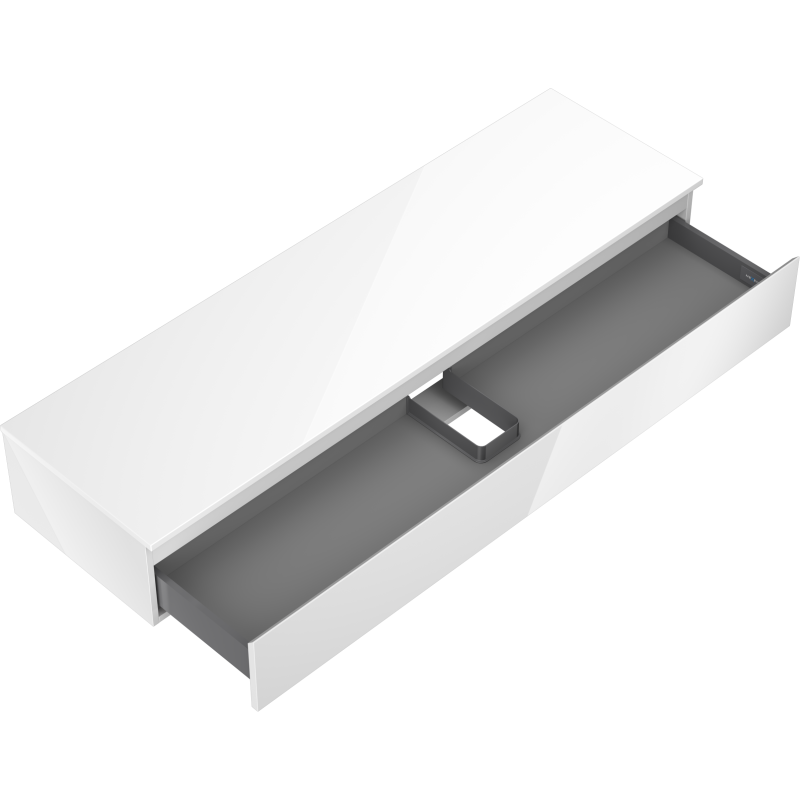 Servantskap uten vask 160 cm Mexen Orio i hvit høyglans, delvis åpen skuff med grå innside.