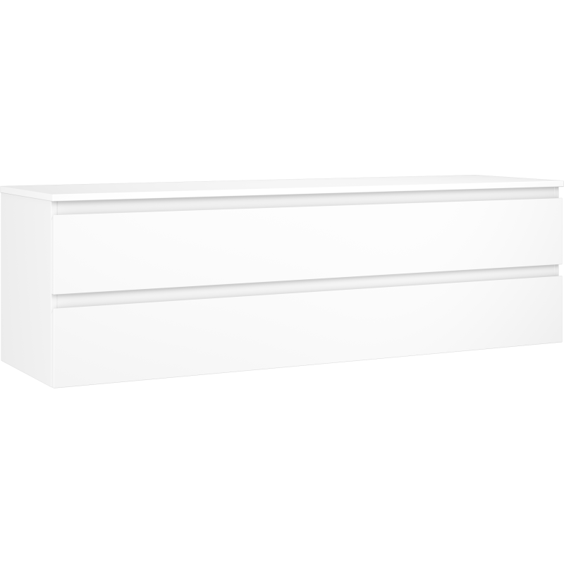 Servantskap 160 cm hvit matt med to skuffer, sett fra skrå vinkel uten synlige håndtak.