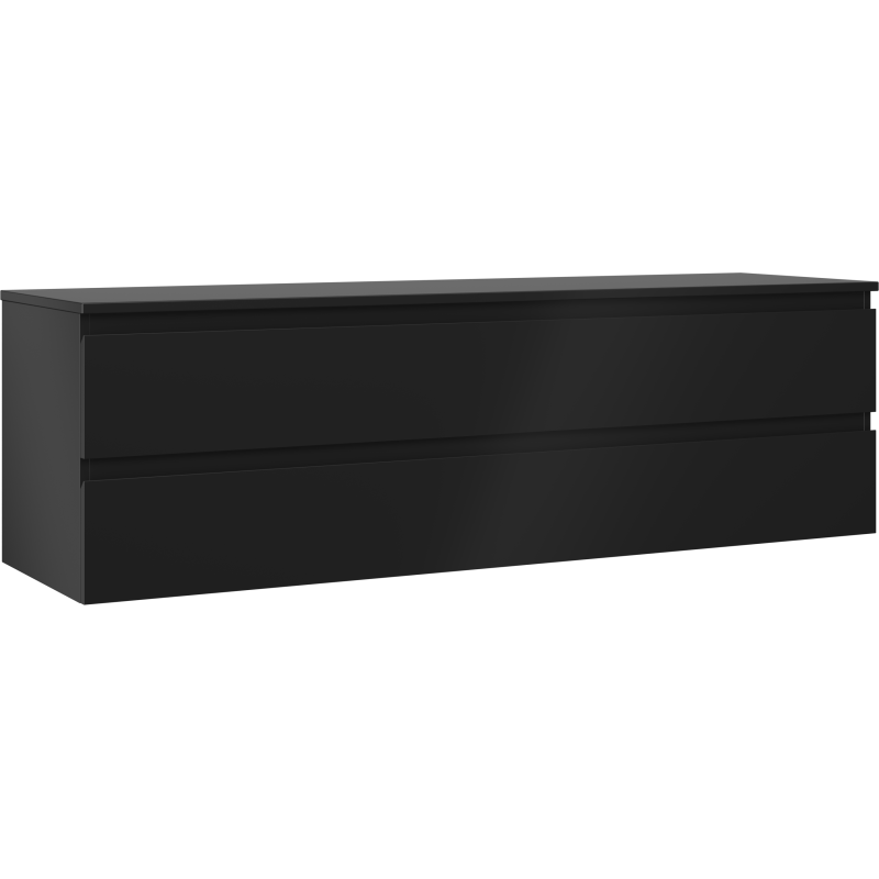 Servantskap 160 cm svart matt med to brede skuffer i minimalistisk design, sett skrått forfra.