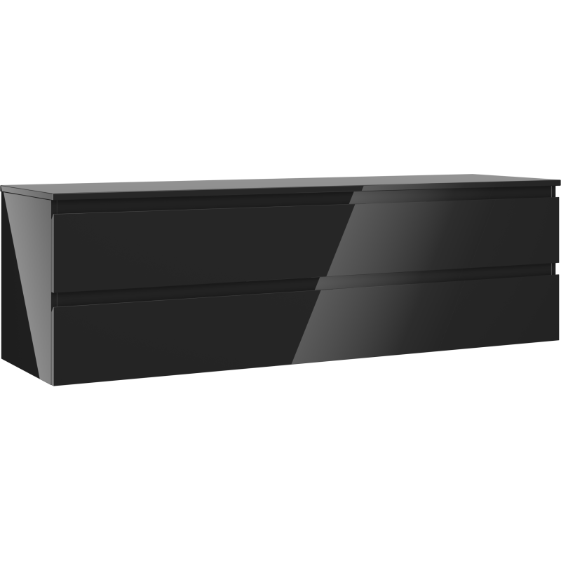 Servantskap 160 cm i svart høyglans med to skuffer uten håndtak, sett i skrå vinkel forfra.