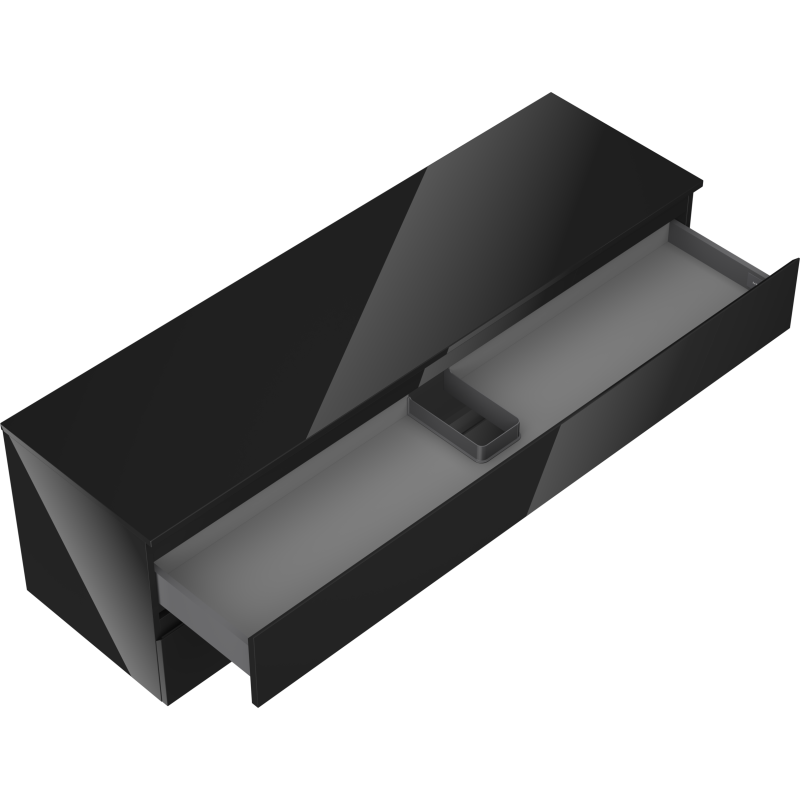 Servantskap uten vask svart høyglans Mexen Orio med åpen skuff og grått rom, sett skrått ovenfra.