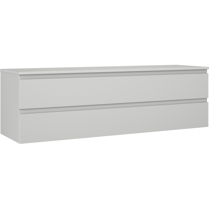 Servantskap 160 cm grå matt med to skuffer uten håndtak, sett fra vinkel foran og siden.