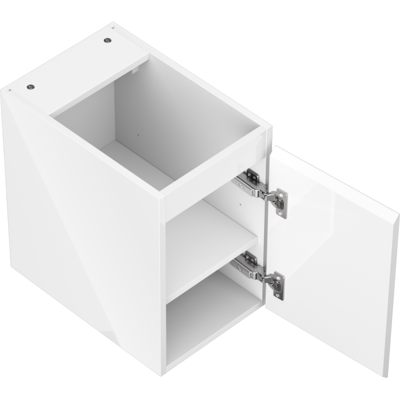 Servantskap uten vask i hvit høyglans med åpen dør, én hylle og synlige metallhengsler.