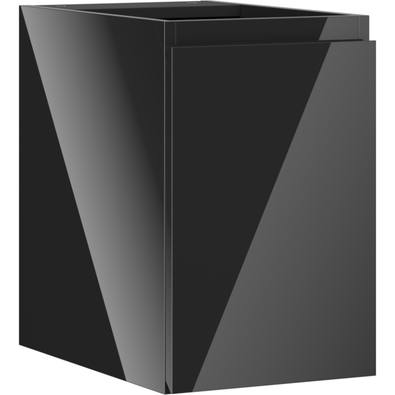 Servantskap 30 cm svart høyglans med én dør, sett skrått forfra, minimalistisk design.