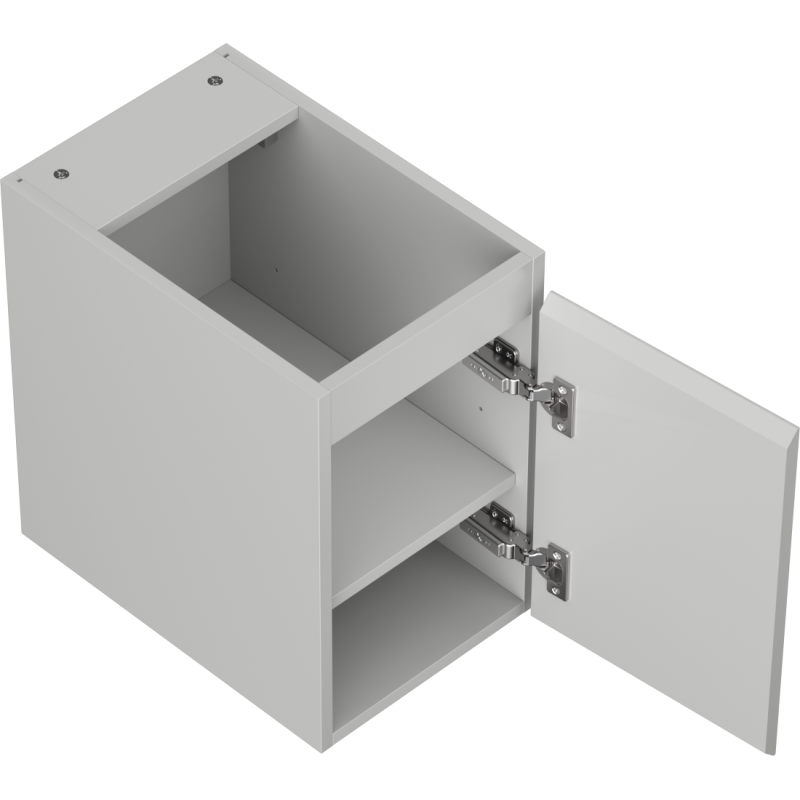 Servantskap uten vask 30 cm grå matt med én åpen dør, to hyller og synlige metallhengsler.