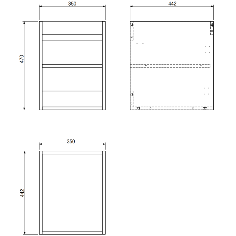 Servantskap til bad teknisk tegning av Mexen Orio 35 cm med mål og festepunkter.