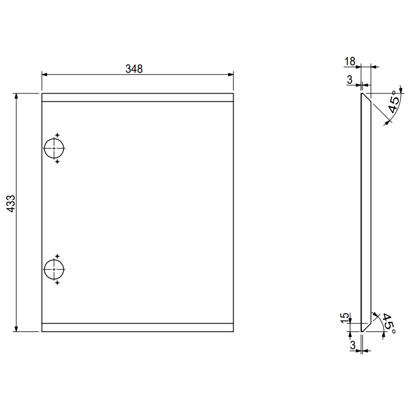 Servantskap teknisk tegning av rektangulær plate med mål og borehull for Mexen Orio 35 cm.