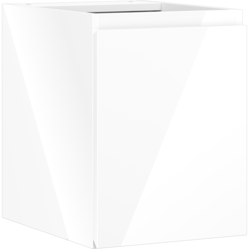 Servantskap 35 cm hvit høyglans med én dør, sett fra skrå vinkel uten synlige håndtak.