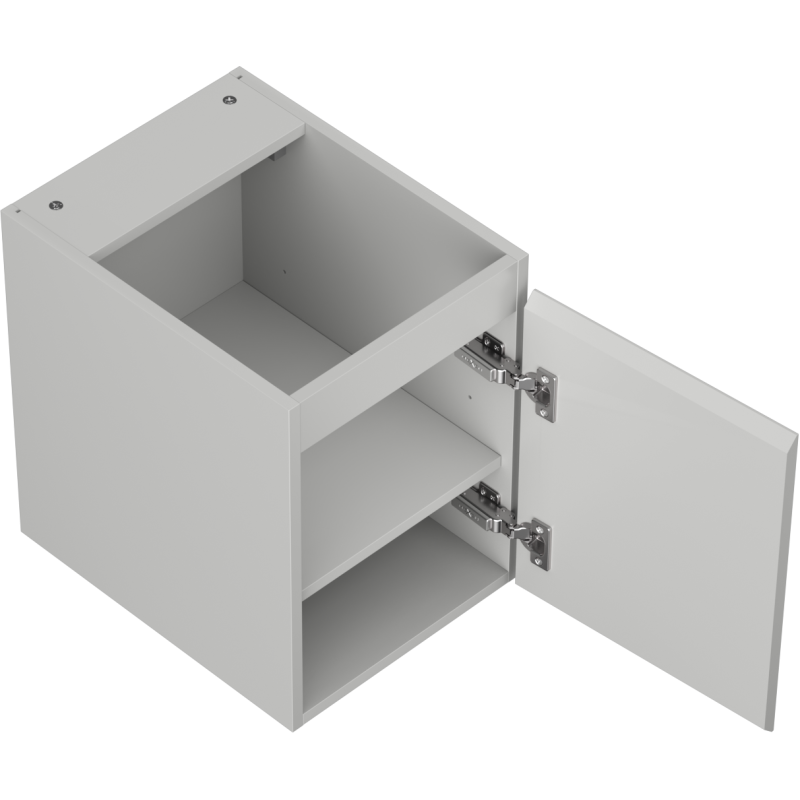 Servantskap uten vask 35 cm grå matt med åpen dør, synlig hylle og metallhengsler.