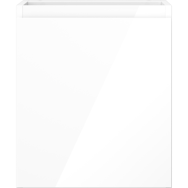 Underskap til servant i hvit høyglans med glatt front, fotografert rett forfra uten synlige håndtak.