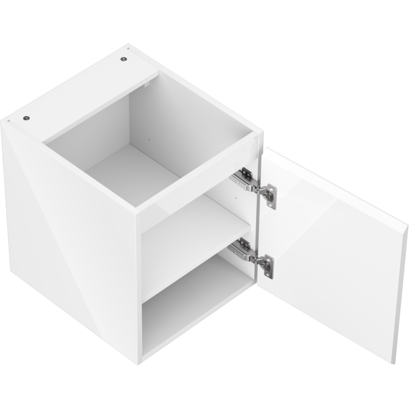 Servantskap uten vask 40 cm hvit høyglans med åpen dør og synlig innvendig hylle.