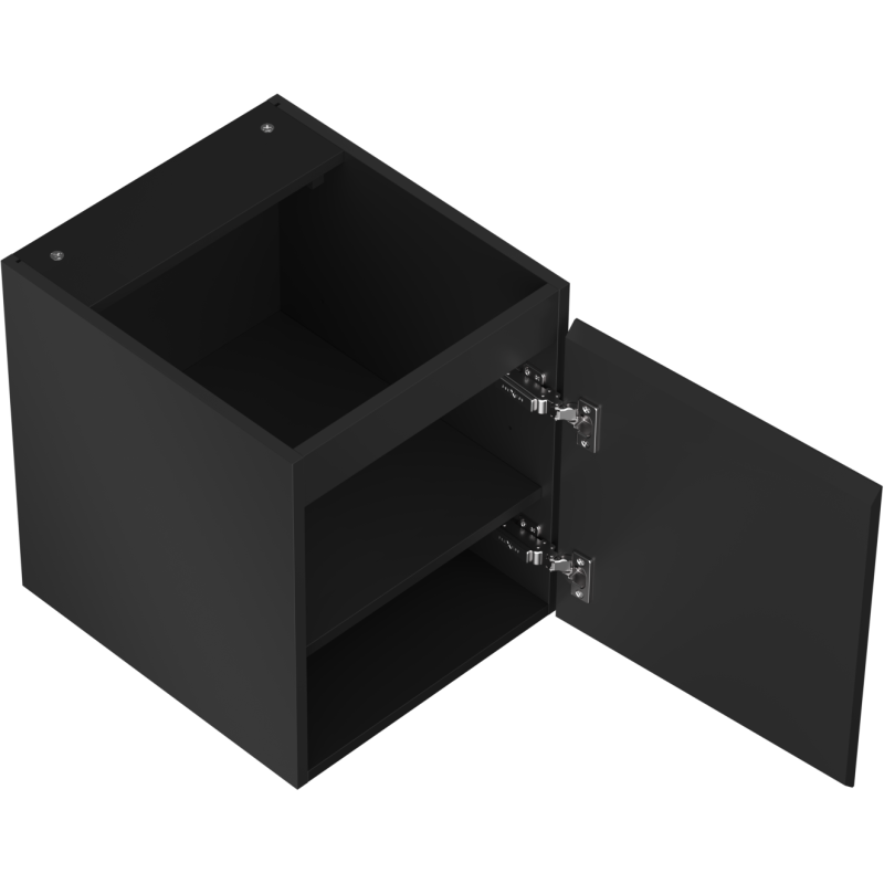 Servantskap uten vask svart matt Mexen Orio med åpen dør, synlige hengsler og innvendig hylle.