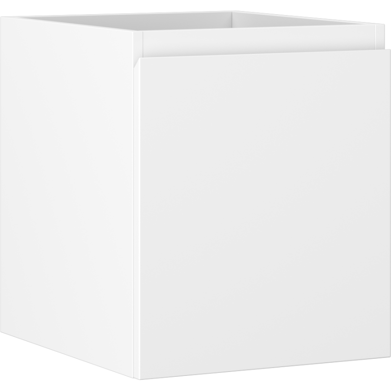 Servantskap 40 cm hvit matt med én skuff, sett fra siden og forfra i minimalistisk design.