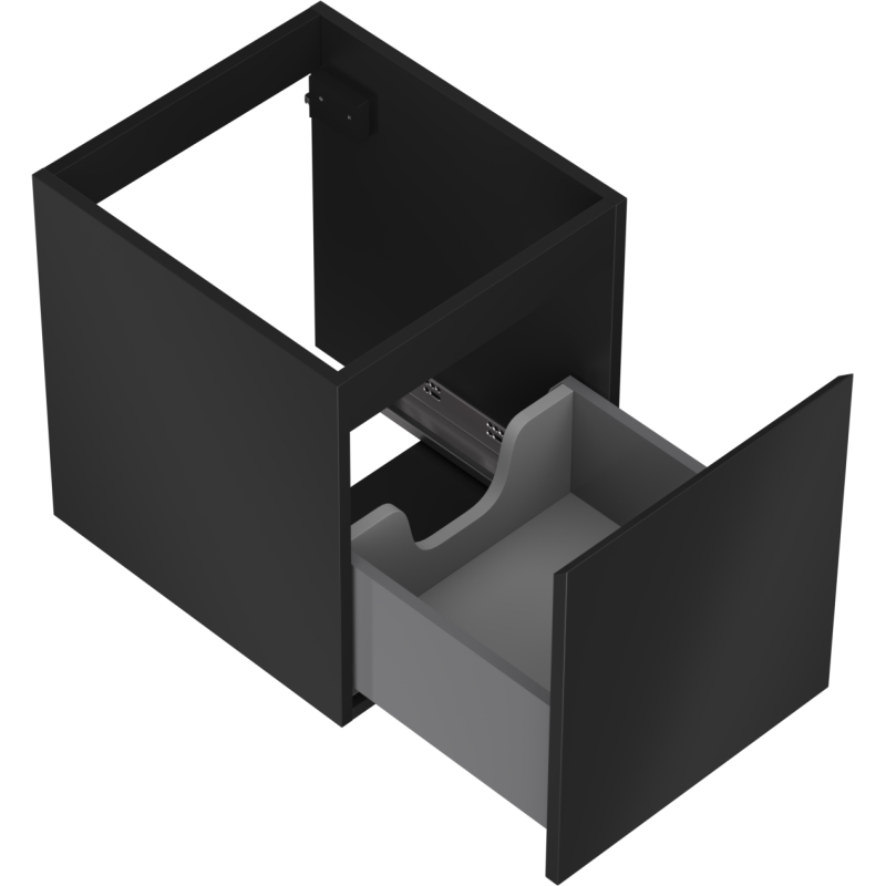 Servantskap uten vask svart matt Mexen Orio 40 cm med åpen grå skuff og utsnitt i bakplaten.