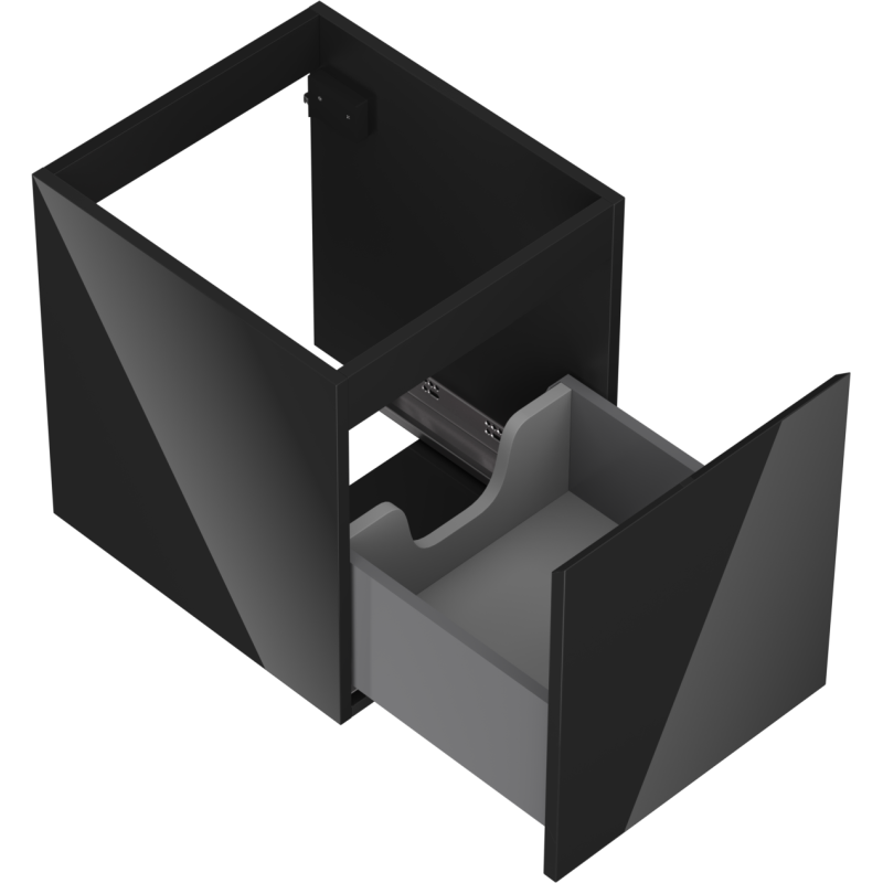 Servantskap uten vask svart høyglans Mexen Orio sett ovenfra med åpen skuff og utsparing i midten.