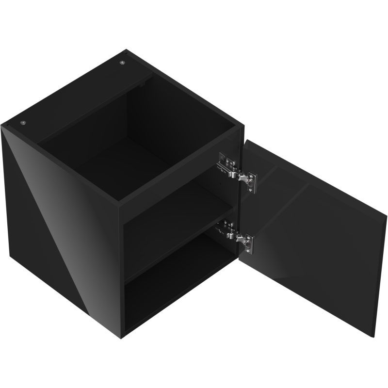 Servantskap uten vask svart høyglans 45 cm med åpen dør, synlig hylle og metallhengsler.