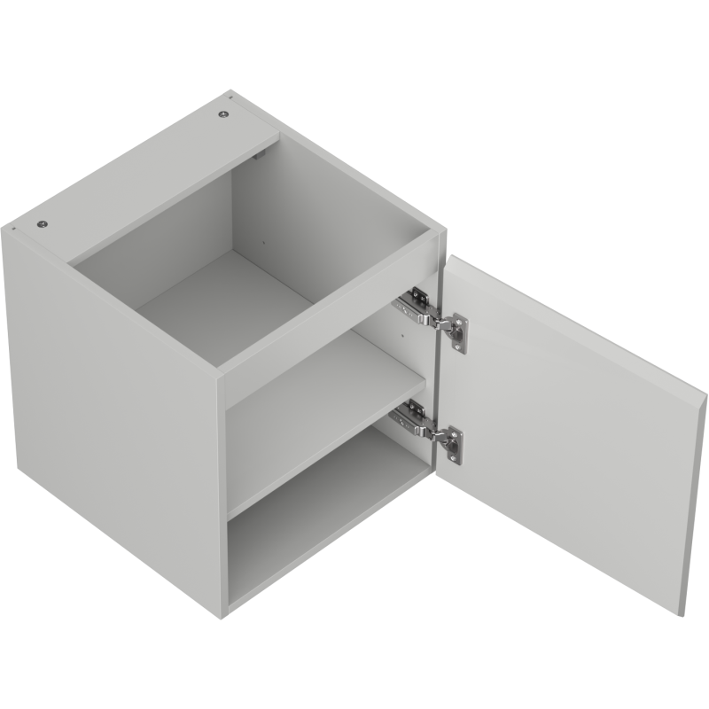 Servantskap uten vask 45 cm grå matt med åpen dør og synlig innvendig hylle.