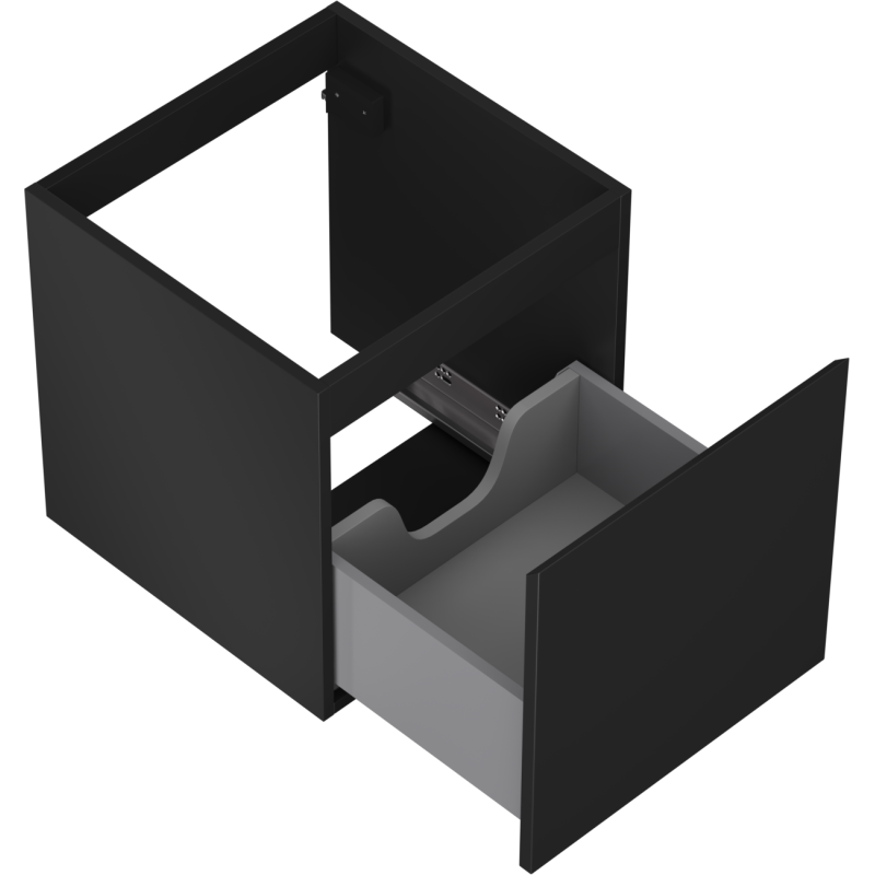 Servantskap uten vask svart matt Mexen Orio med uttrekt grå skuff og utskjæring for rør.