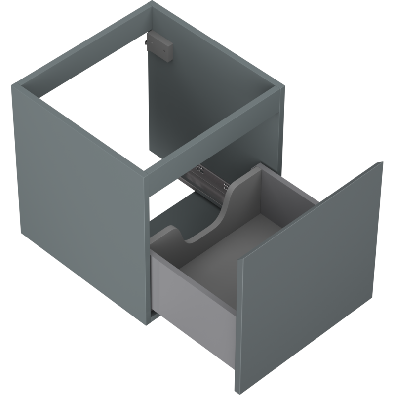 Servantskap uten vask 45 cm Mexen Orio i grafitt matt med én skuff delvis åpen sett fra skrå vinkel.