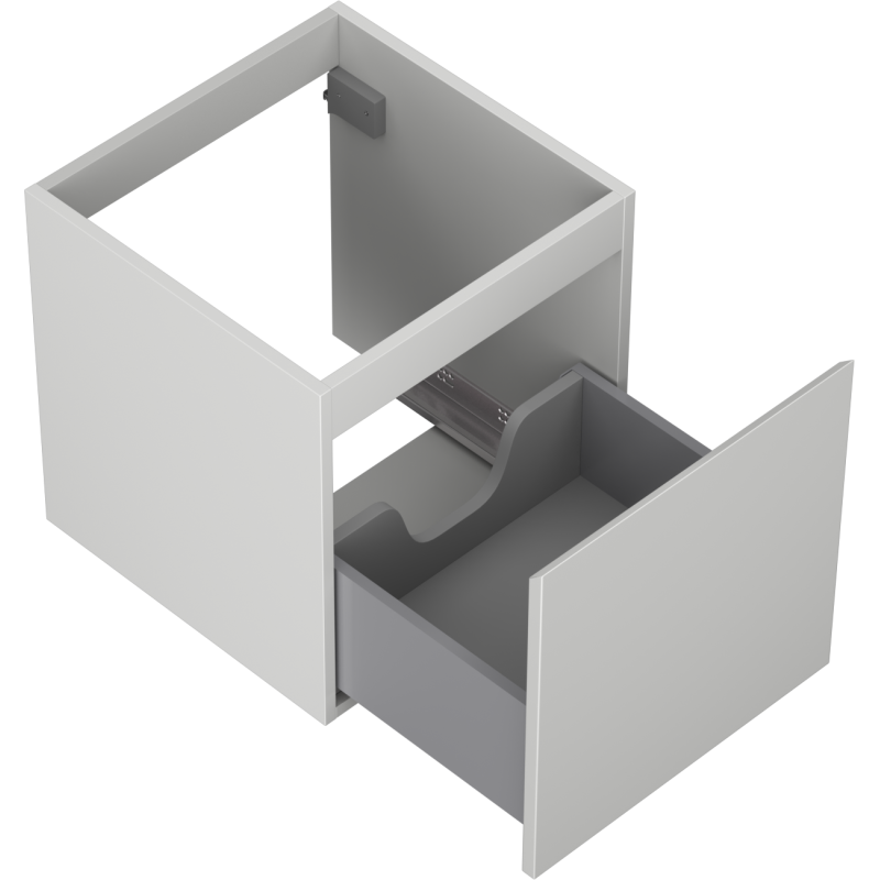 Servantskap uten vask 45 cm grå matt med åpen skuff og utsparing for rørføring.