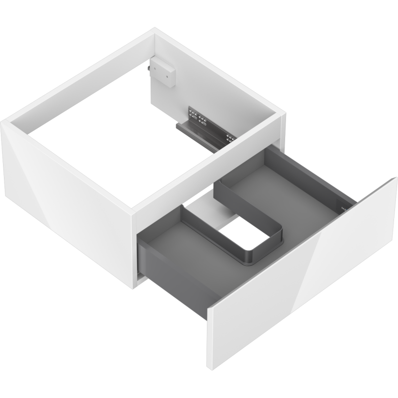 Servantskap uten vask 50 cm hvit høyglans med åpen skuff og utsparing for rør, sett i fugleperspektiv.