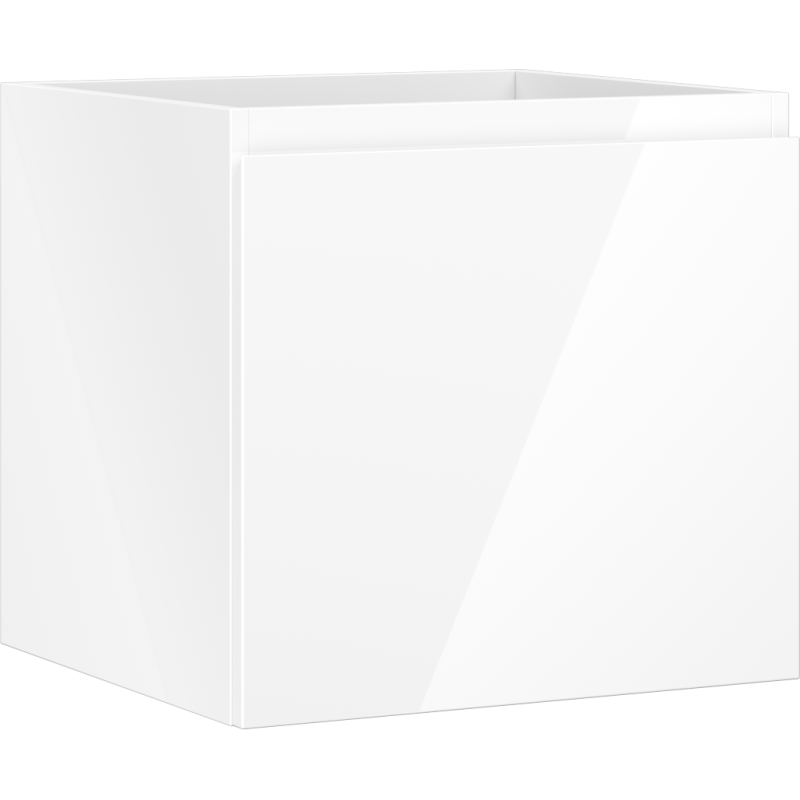 Servantskap 50 cm hvit høyglans med glatt front uten håndtak, sett fra skrå vinkel.