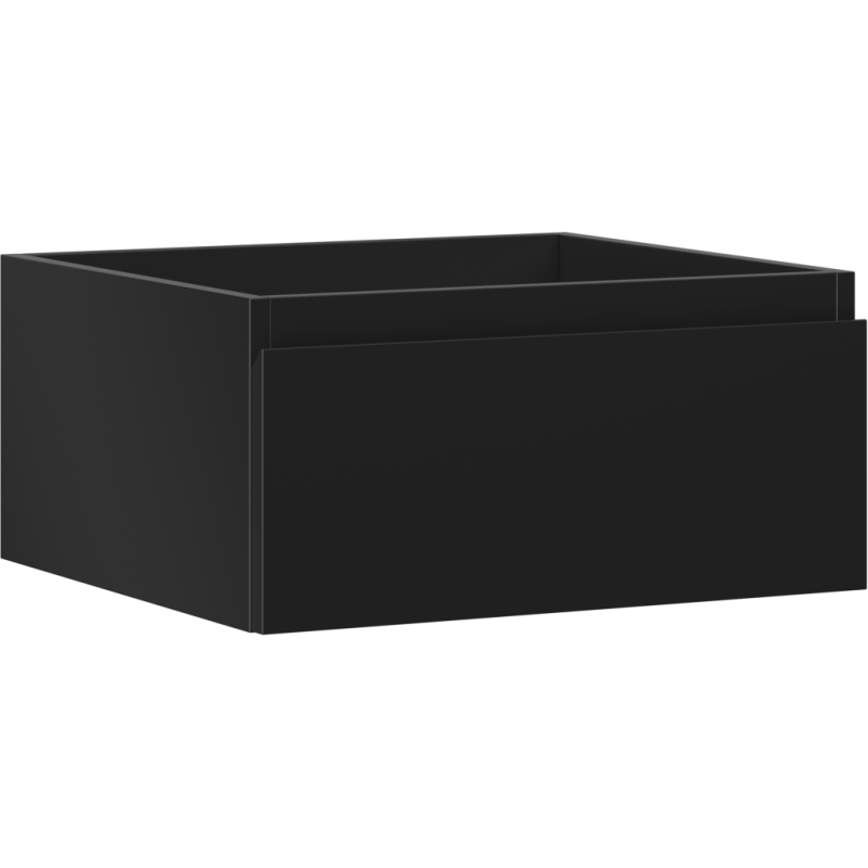 Servantskap 50 cm svart matt med én skuff, sett fra skrå vinkel, minimalistisk design.
