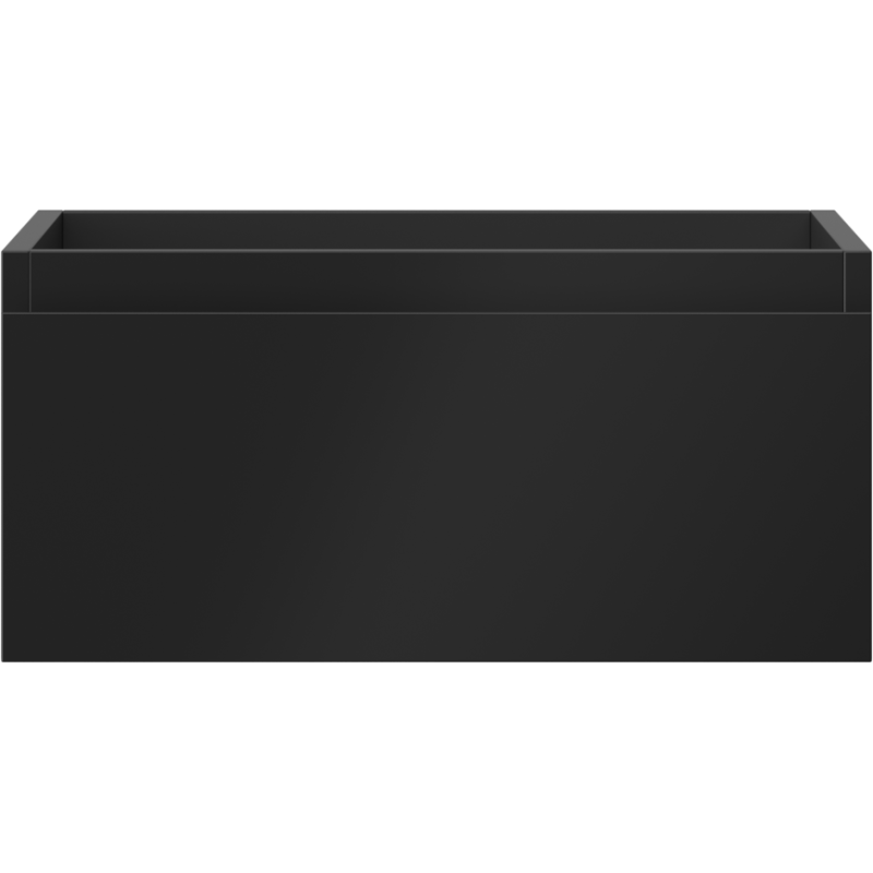 Underskap til servant i svart matt metall med én skuff, sett rett forfra med moderne design.