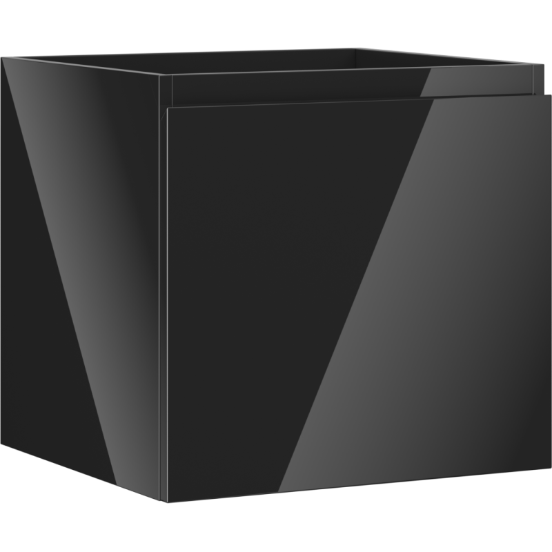 Servantskap 50 cm svart høyglans med én skuff, sett fra skrått hjørneperspektiv.