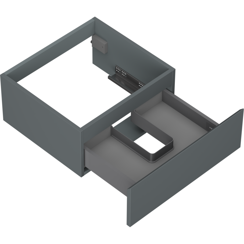 Servantskap uten vask 50 cm grafitt matt med åpen skuff og inndelte rom, sett skrått ovenfra.