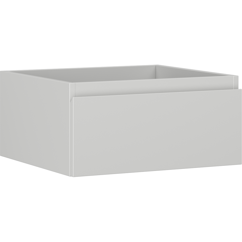 Servantskap 50 cm grå matt med én skuff og glatt front, sett fra skrå vinkel foran.