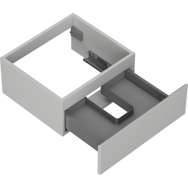 Servantskap uten vask grå Mexen Orio 50 cm med én skuff og U-formet innsats, sett skrått ovenfra.