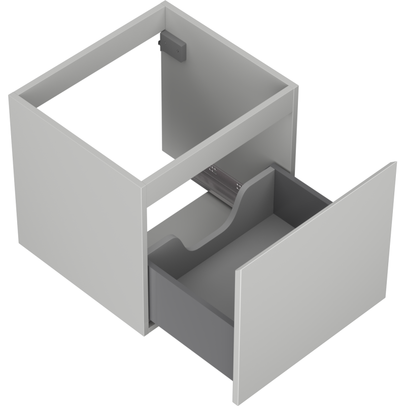 Servantskap uten vask 50 cm grå matt med én uttrekt skuff og utsnitt for rørføring.